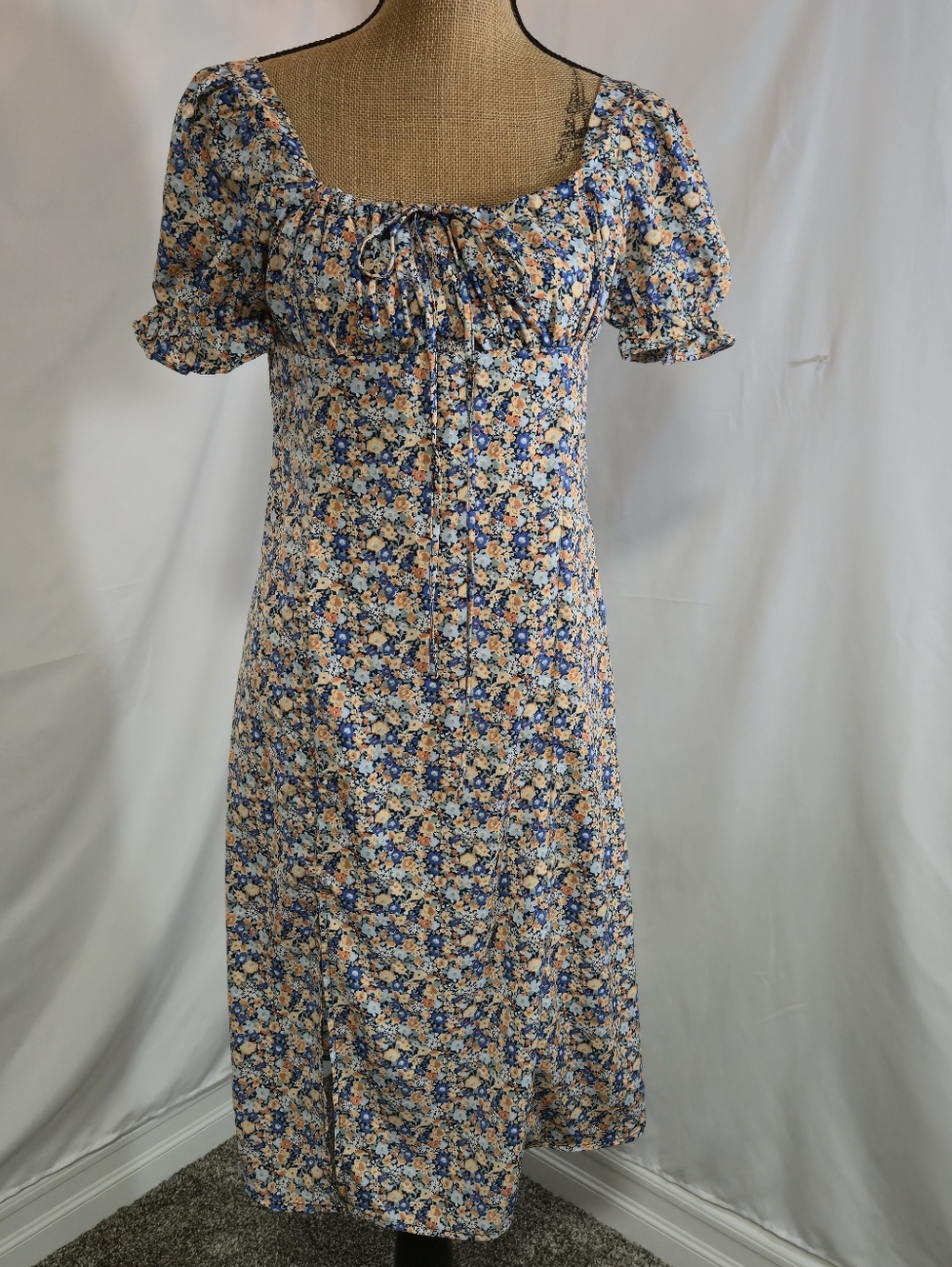 SHEIN Blue and Cream Floral Square-Neck Midi Dress